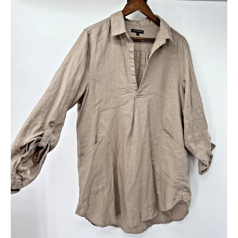 FOR‎ CYNTHIA L Tunic 3/4 sleeve Lagenlook Pockets linen Oversized Beige beachy